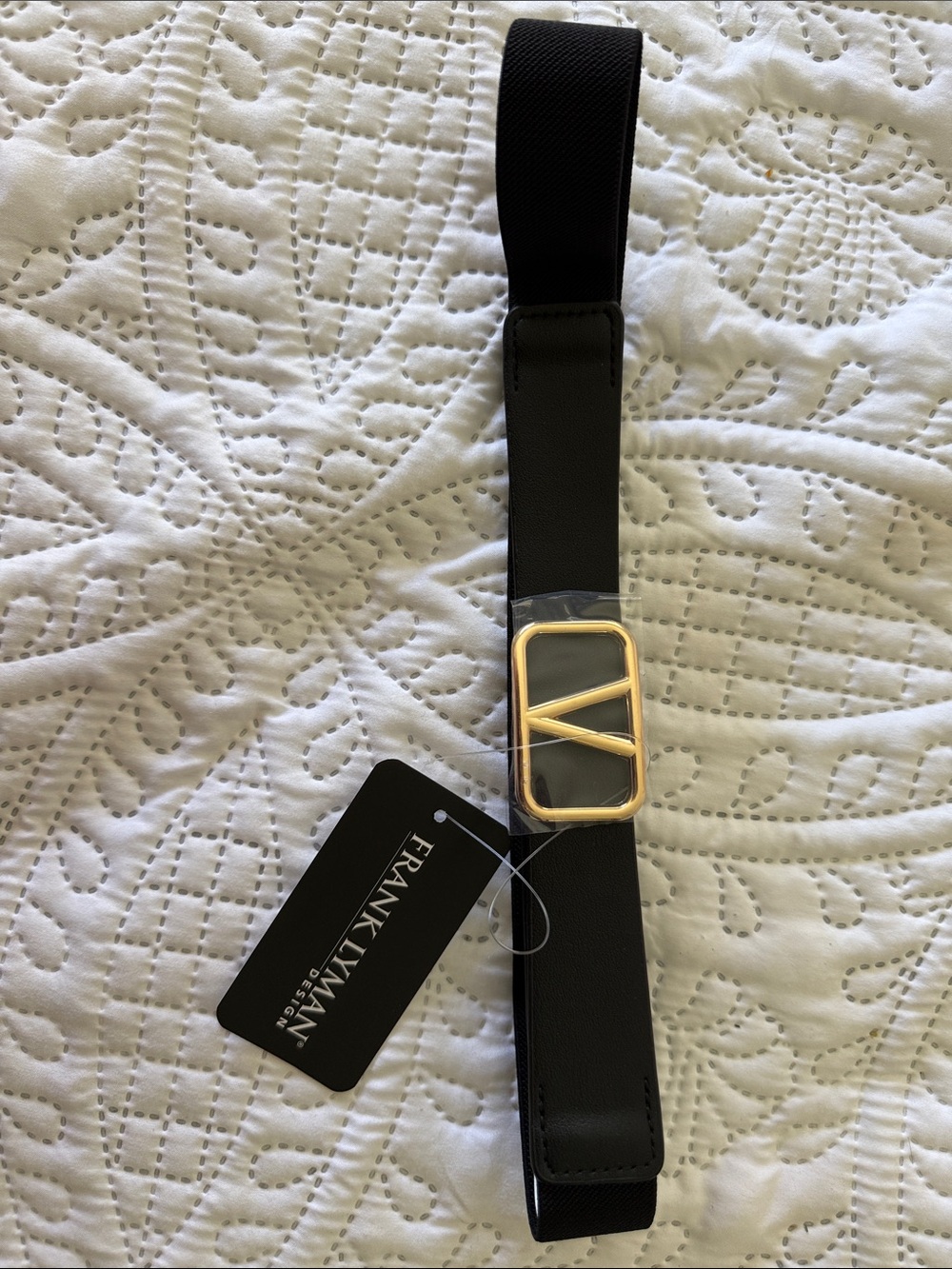 Frank Lyman Design Black Elastic Belt with Gold Geometric Buckle
